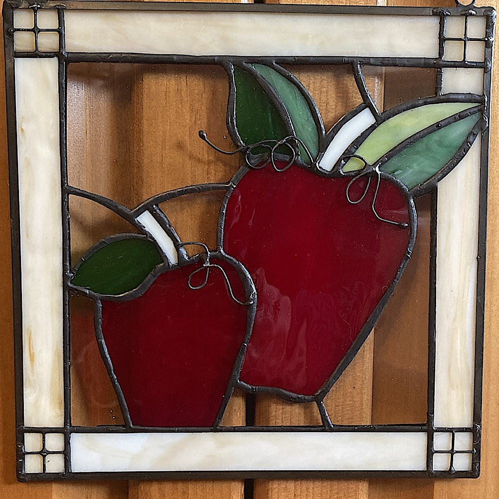 Vintage Stained Glass Two Apples with Border 7 3/4”
